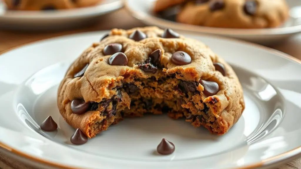 Chewy Chocolate Chip Cookies piled on a simple plate with melted chocolate chips