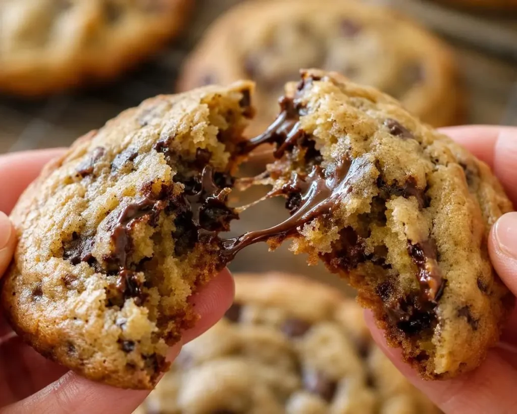 Broken chocolate chip cookie showing a tender interior and melted chocolate pockets