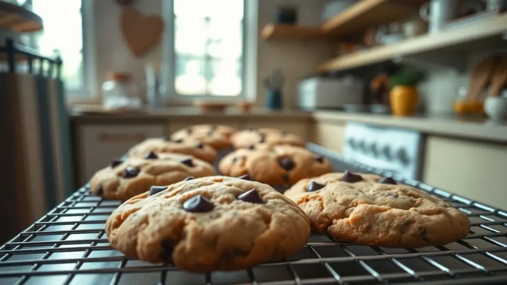 Freshly baked chocolate chip cookies with set golden edges cooling on a wire rack