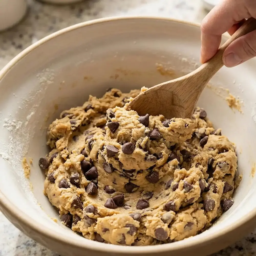 Chocolate chips being folded into cookie dough with a spatula