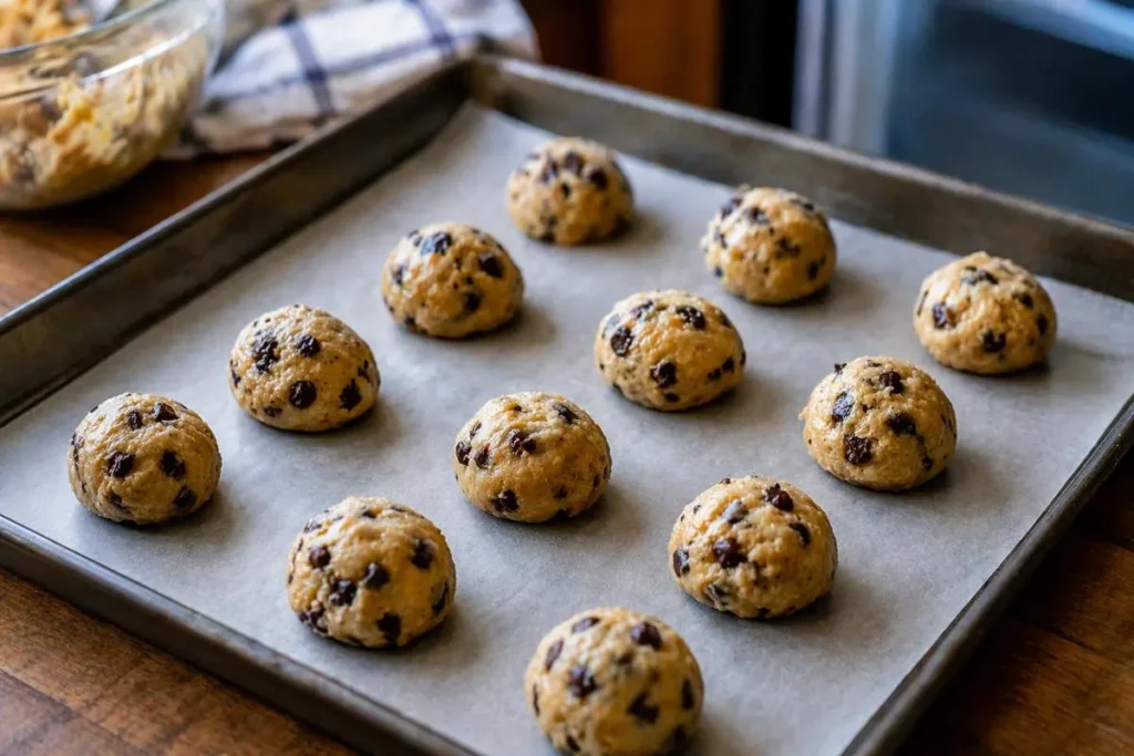 Chocolate chip cookie dough balls spaced evenly on parchment paper